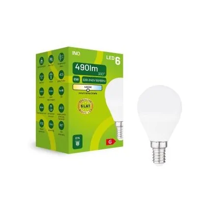 Gwint-trzonek-e14 - elp034nw mleczna żarówka kulka e14 neutralna 6w 490lm 4000k inq 