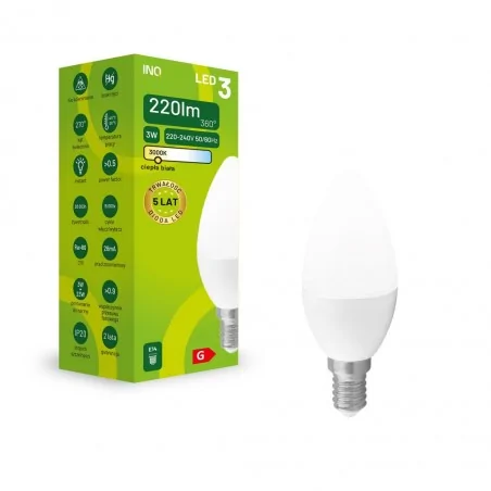 Gwint-trzonek-e14 - żarówka led świeczka e14 3w ciepła 3000k 220lm elb014ww inq 