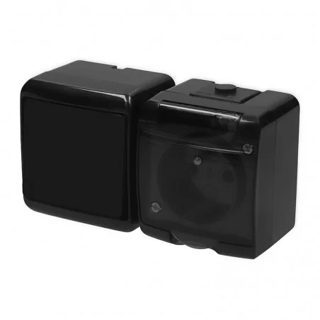 Gniazda-pojedyncze-natynkowe - czarny zestaw włącznika jednobiegunowego z gniazdem pojedynczym z klapką dymną z/u ip54 junior 12wghh-1d karlik 