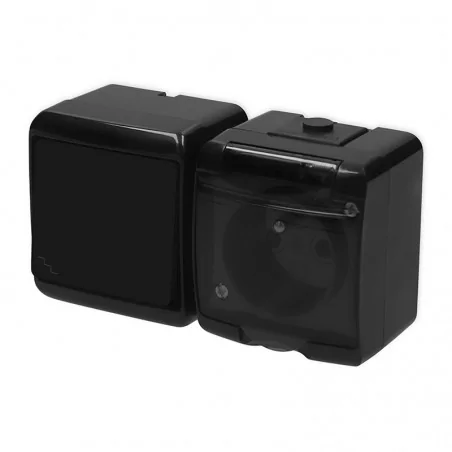 Wylaczniki-schodowe - czarny włącznik schodowy z gniazdem pojedynczym z klapką dymną n/t  junior 12wghh-3d karlik 