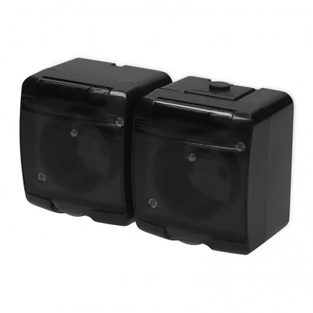 Gniazda-elektryczne - czarne gniazdo podwójne natynkowe z klapką dymną z przesłonami torów prądowych junior 12ghe-2dp karlik 