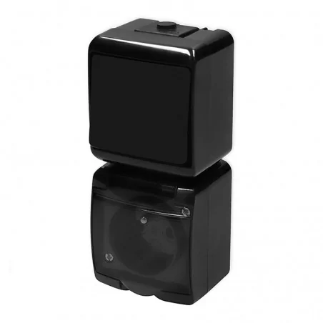 Wylaczniki-jednobiegunowe - mix pionowy włącznik jednobiegunowy z gniazdem pojedynczym z klapką dymną czarne junior 12wghp-1d karlik 