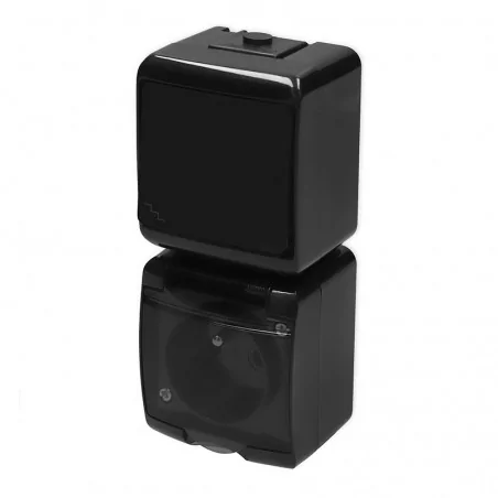 Wylaczniki-schodowe - pionowy mix czarny włącznik schodowy z gniazdem z klapką dymną z przesłonami torów junior 12wghp-3dp karlik 