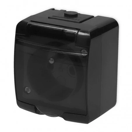 Gniazda-elektryczne - czarne gniazdo hermetyczne natynkowe z klapką dymną z przesłonami torów junior 12ghe-1dp karlik 