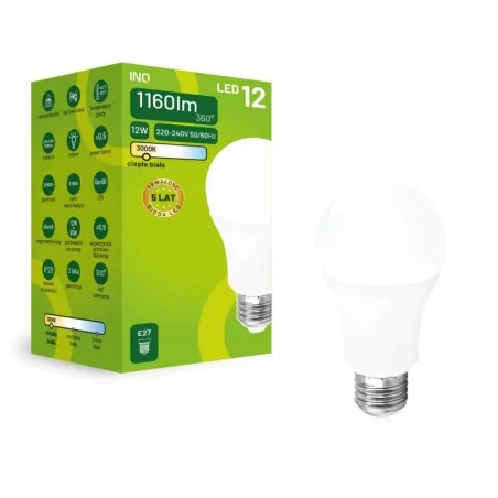Gwint-trzonek-e27 - żarówka led e27 ciepła 12w 1160lm 3000k a60 ela044ww inq 