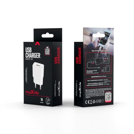 Przedluzacze-elektryczne - ładowarka sieciowa zasilacz do lampek led mxtc-01 1x usb 1a biała maxlife interblue 