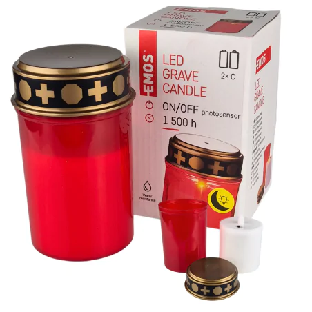 Latarenki-ogrodowe - znicz cmentarny led na baterie czerwony z czujnikiem zmierzchu 