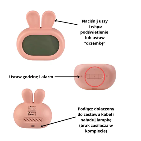 Oswietlenie-do-pokoju-dzieciecego - zegar z budzikiem różowy króliczek z wyświetlaczem prezent dla dziecka interblue 