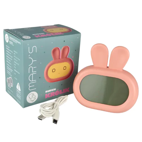 Oswietlenie-do-pokoju-dzieciecego - zegar z budzikiem różowy króliczek z wyświetlaczem prezent dla dziecka interblue 