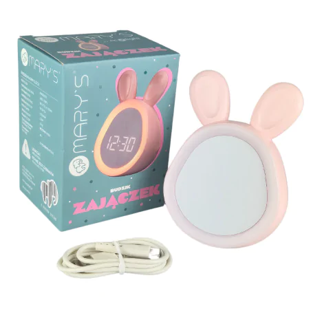 Oswietlenie-do-pokoju-dzieciecego - zegar z lampką nocną led zajączek z funkcją budzika prezent na urodziny interblue 