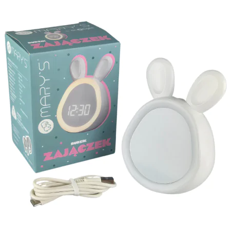 Oswietlenie-do-pokoju-dzieciecego - lampka nocna led z zegarkiem i budzikiem prezent dla dzieci zajączek interblue 