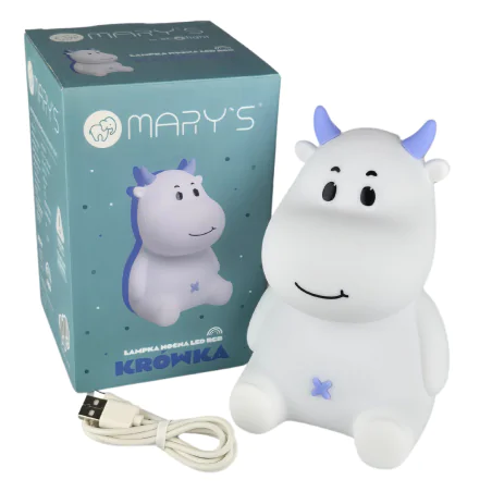 Oswietlenie-do-pokoju-dzieciecego - lampka nocna led dziecięca biało-niebieska krówka prezent na urodziny interblue 