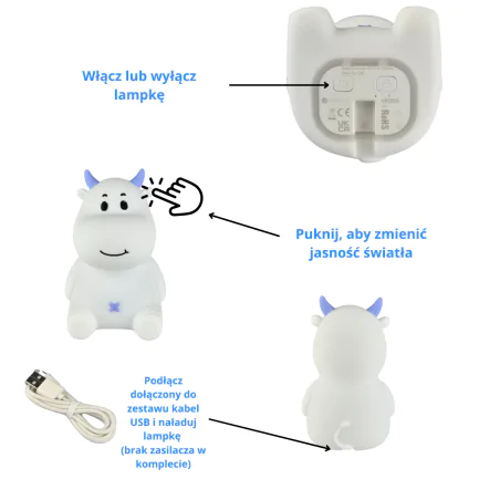 Oswietlenie-do-pokoju-dzieciecego - lampka nocna led dziecięca biało-niebieska krówka prezent na urodziny interblue 
