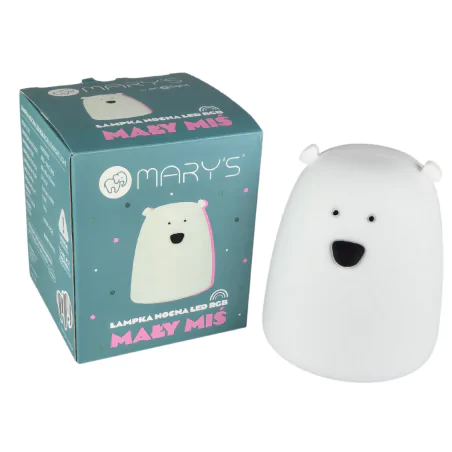 Oswietlenie-do-pokoju-dzieciecego - lampka nocna biały miś na baterie z regulacją światła prezent na roczek interblue 
