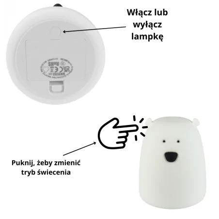 Oswietlenie-do-pokoju-dzieciecego - lampka nocna biały miś na baterie z regulacją światła prezent na roczek interblue 