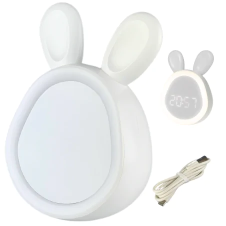 Oswietlenie-do-pokoju-dzieciecego - lampka nocna led z zegarkiem i budzikiem prezent dla dzieci zajączek interblue 
