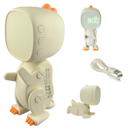 Oswietlenie-do-pokoju-dzieciecego - budzik dla dzieci na biurko robot dino biały zabawka dla przedszkolaka interblue 