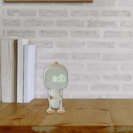 Oswietlenie-do-pokoju-dzieciecego - budzik dla dzieci na biurko robot dino biały zabawka dla przedszkolaka interblue 