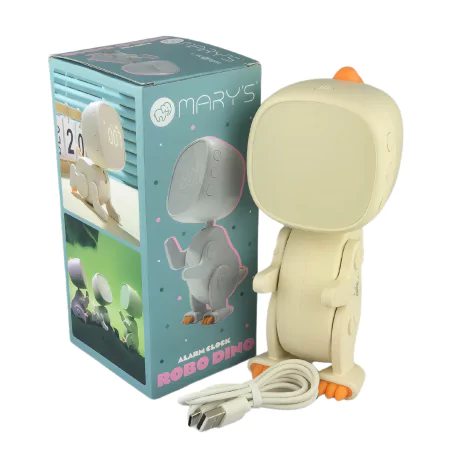 Oswietlenie-do-pokoju-dzieciecego - budzik dla dzieci na biurko robot dino biały zabawka dla przedszkolaka interblue 