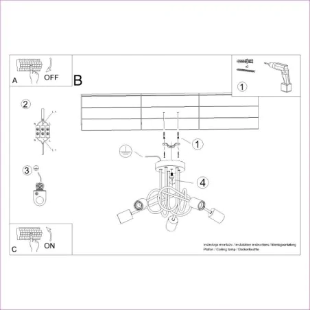 Plafony - żyrandol czarno-drewniany słupeł lampa 4 ramiona pająk ember 5 sollux sl.1478 