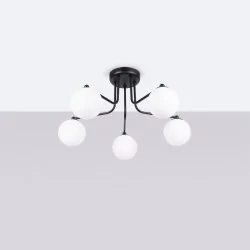 Lampy-sufitowe - żyrandol 5 ramienny białe kule na czarnych ramionach astral 5 g9 sollux sl.1663 