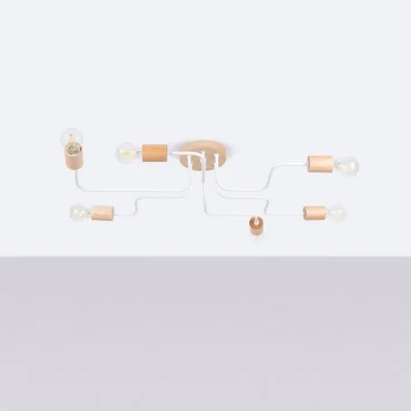 Lampy-sufitowe - żyrandol na 6 ramion biało-drewniany pająk timbo 6 sollux sl.1666 