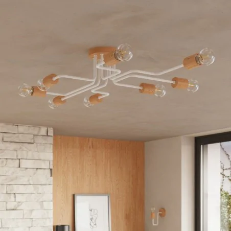 Lampy-sufitowe - żyrandol na 6 ramion biało-drewniany pająk timbo 6 sollux sl.1666 