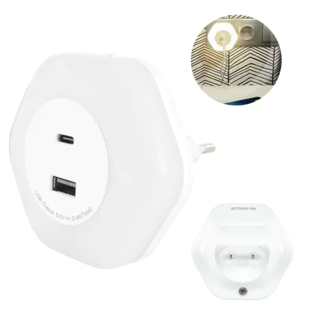 Lampki-do-kontaktu - lampka nocna led do gniazdka z usb a+c biała ozil 04535 ideus 