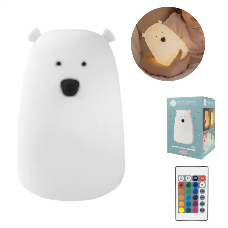 Oswietlenie-do-pokoju-dzieciecego - lampka nocna biały miś na baterie z regulacją światła prezent na roczek interblue 