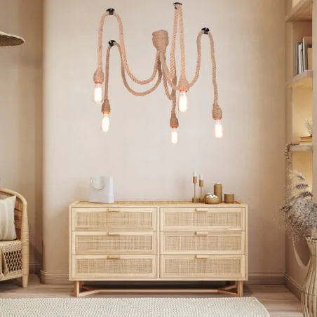 Lampy-sufitowe - lampa wisząca sufitowa w loftowym stylu beżowa rope pajączek 