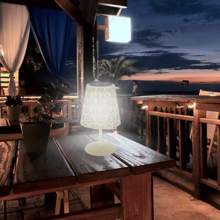 Lampy-solarne - lampka solarna ogrodowa stołowa beżowa z zimnym światłem luda ideus 