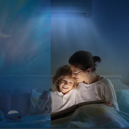 Oswietlenie-do-pokoju-dzieciecego - projektor gwiazd z muzyką lampka z projekcją kosmosu do zasypiania interblue 
