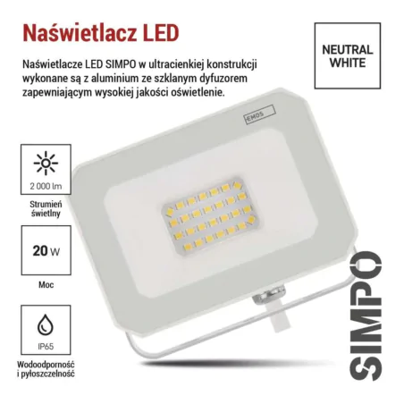 Naswietlacze-led-20w - naświetlacz led 20w w białej obudowie neutralny simpo zs2223w emos 