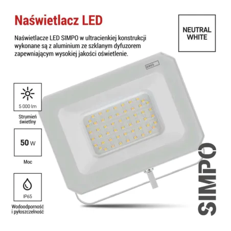 Naswietlacze-led-50w-i-wiecej - lampa zewnętrzna przed dom naświetlacz led 50w w białej obudowie neutralny simpo zs2243w  emos 