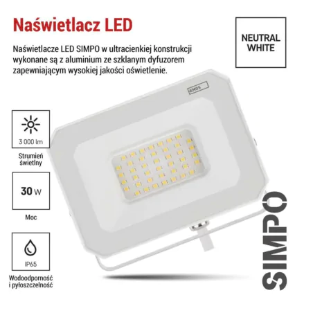 Naswietlacze-led-30w - kinkiet nad wejście przed dom naświetlacz led 30w w białej obudowie neutralny simpo zs2233w  emos 