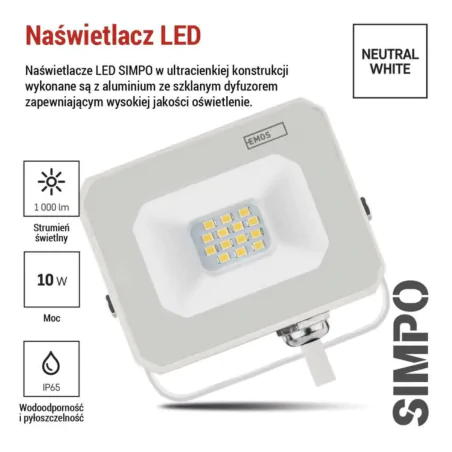 Naswietlacze-led-10w - reflektor led przed dom naświetlacz 10w biały cienki neutralny simpo zs2213w  emos 