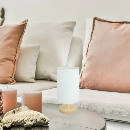 Lampki-nocne - lampka stołowa skandynawska drewno z białym kloszem e14 bela ideus 