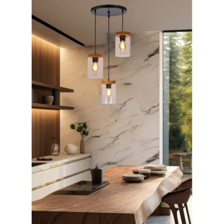 Oswietlenie-sufitowe - wels lampa wisząca talerz czarny+drewniany 3x40 e27 klosz dymiony candellux 