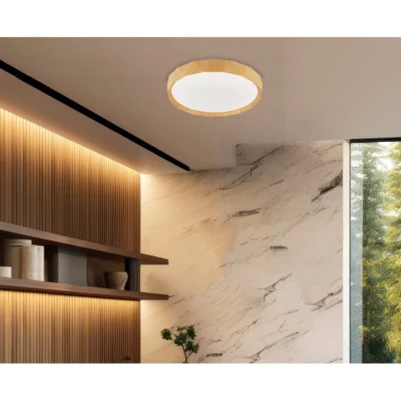 Plafony - cadix lampa sufitowa plafon biały+drewniany 24w led 38,5 cm klosz biały candellux 