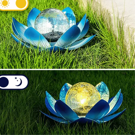Ozdobne-oswietlenie-do-ogrodu - lampa solarna led kwiat lotosu niebieski z ciepłym światłem sunari foreverlight 