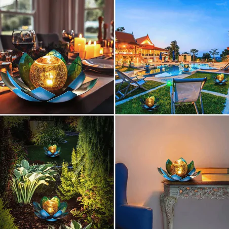 Ozdobne-oswietlenie-do-ogrodu - lampa solarna led kwiat lotosu niebieski z ciepłym światłem sunari foreverlight 