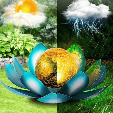 Ozdobne-oswietlenie-do-ogrodu - lampa solarna led kwiat lotosu niebieski z ciepłym światłem sunari foreverlight 