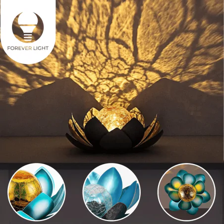 Ozdobne-oswietlenie-do-ogrodu - lampa solarna led kwiat lotosu niebieski z ciepłym światłem sunari foreverlight 