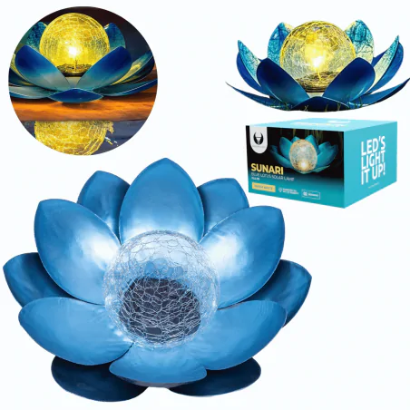 Ozdobne-oswietlenie-do-ogrodu - lampa solarna led kwiat lotosu niebieski z ciepłym światłem sunari foreverlight 