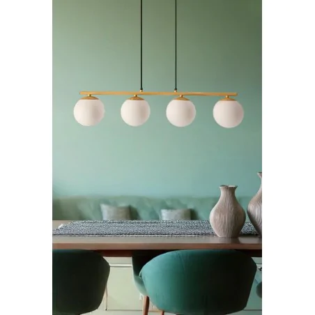 Lampy-sufitowe - lampa wisząca drewniana kule na listwie 4xe14 klosz biały carrine 34-37442 candellux 