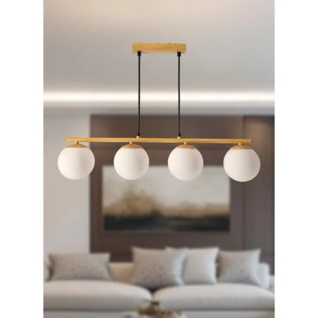 Lampy-sufitowe - lampa wisząca drewniana kule na listwie 4xe14 klosz biały carrine 34-37442 candellux 