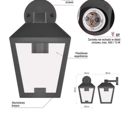 Kinkiety-ogrodowe - kinkiet elewacyjny dolny lampa zewnętrzna retro czarna adenia emos 