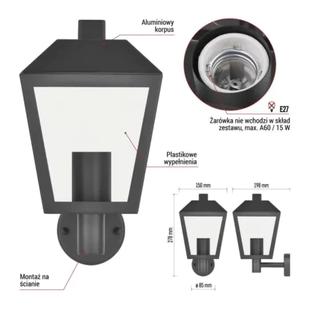 Kinkiety-ogrodowe - kinkiet elewacyjny górny lampa latarnia zewnętrzna czarna adenia emos 
