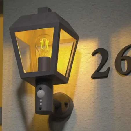 Kinkiety-ogrodowe - kinkiet elewacyjny z czujnikiem ruchu lampa latarnia zewnętrzna czarna pir adenia emos 