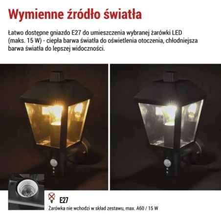 Kinkiety-ogrodowe - kinkiet elewacyjny z czujnikiem ruchu lampa latarnia zewnętrzna czarna pir adenia emos 